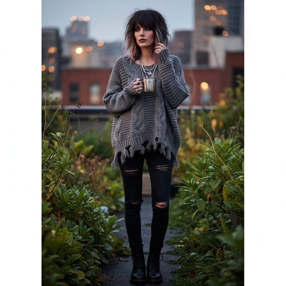 She & Sky Gray Grunge Cable Knit Boxy Pullover Sweater One Size Raw Hem Acrylic